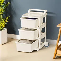 Kuber Industries Cream-Colored Textured 3-Layer Storage Drawer Organizer With Wheels-1