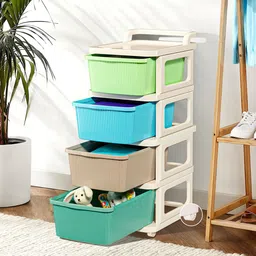 Kuber Industries Cream-Colored Textured 4-Layer Storage Drawer Organizer with Wheels-4