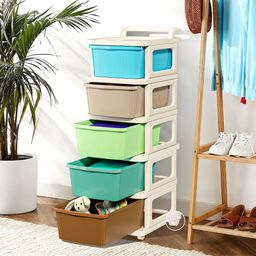 Kuber Industries Cream-Colored Textured 5-Layer Storage Drawer Organizer With Wheels-4