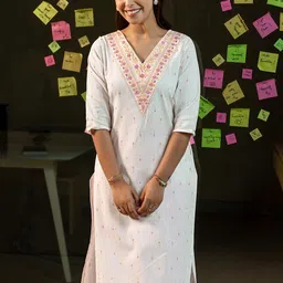 Libas Floral Embroidered V-Neck Sequinned Cotton Straight Kurta-picture-13