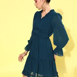 Athena Women Bright Turquoise Blue Self Design Waisted Dress-image-7