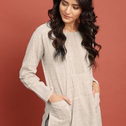 Taavi Women Off-White & Grey Woven Legacy A-Line Sustainable Kurta with Pockets-39