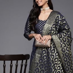 Inddus Navy Blue & Gold-Toned Chanderi Cotton Woven Design Unstitched Dress Material-image-46