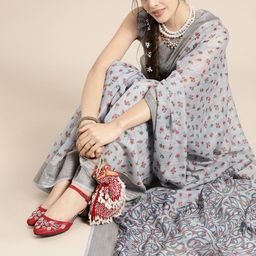 Saree mall Grey & Maroon Floral Linen Blend Chanderi Sarees-48