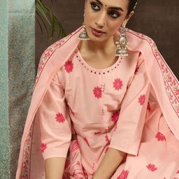 Indo Era Floral Printed Round Neck Pure Cotton Anarkali Kurta With Trousers & Dupatta-11