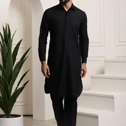 SOJANYA Shirt Collar Curved Hem Pathani Kurta with Salwar-4