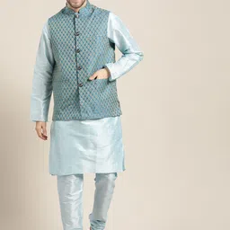 SOJANYA Men Blue Solid Kurta with Churidar & Nehru Jacket-image-24
