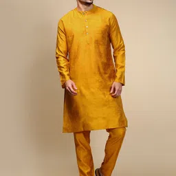 WHITE HEART Woven Design Band Collar Straight Kurta With Pyjamas-55