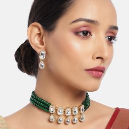 I Jewels Women Green Gold-Plated Pearl Studded & Kundan Choker Necklace Jewellery Set-image-55