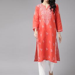 ADA Women Coral Red & White Sustainable Cotton Hand Embroidered Chikankari Handloom Kurta-10