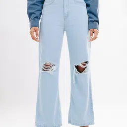 FREAKINS Women Blue Wide Leg High-Rise Slash Knee Jeans-picture-28