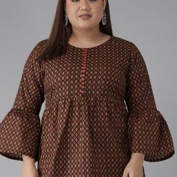 YASH GALLERY Plus Size Women Black & Beige Geometric Print A-line Kurti-20