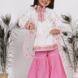 Little Bansi Girls White Embroidered Kurta with Sharara & With Dupatta-image-75