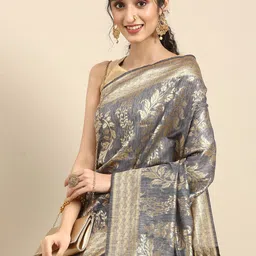 Anouk Grey & Gold-Coloured Woven Design Pure Silk Banarasi Saree-picture-8