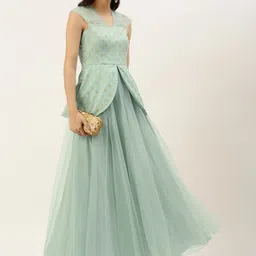 Ethnovog Women Green Made To Measure Organza Jacquard Gown-picture-0