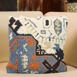 Aura Blue & Off White Abstract Cotton Embroidered Square Cushion Cover-image-88