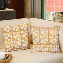 Aura Off White & Orange 2Pcs Ethnic Motifs Cotton Square Cushion Covers-26