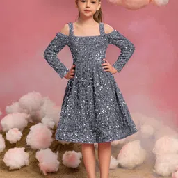 DP FABRICS Girl's Embellished Cold-Shoulder Sleeves Sequined Fit and Flare Dress-image-49