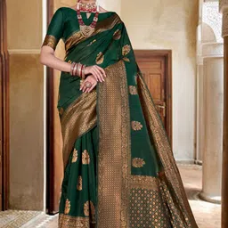 Anouk Green & Gold-Toned Ethnic Motifs Woven Design Zari Banarasi Saree-16