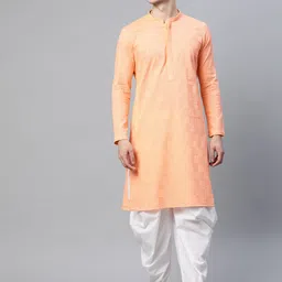 See Designs Men Peach-Coloured Ethnic Motifs Chikankari Embroidered Straight Kurta-31