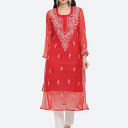 FAWOMENT Women Red Ethnic Motifs Embroidered Chikankari Georgette Kurta-picture-26