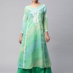 SHADES OF FAASHION Women Green Leheriya Printed Chikankari Anarkali Kurta-picture-21
