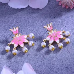 Estele Women Floral Gold-Plated Pearl Studded Drop Earrings-image-11