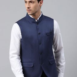 Blackberrys Men Royal Blue Textured Slim Fit Smart Casual Nehru Jacket with Brooch-image-21
