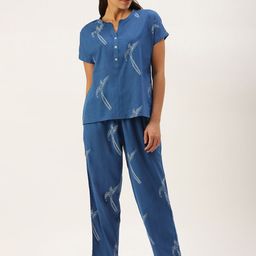 SANSKRUTIHOMES Women Blue & White Pure Cotton Conversational Printed Pyjama Set-picture-21