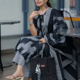 GoSriKi Striped Tie-Up Neck Kurta With Trousers & Dupatta-15