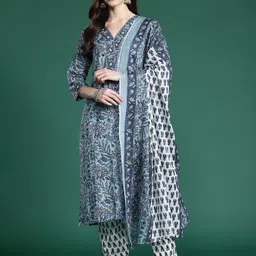 Indo Era Floral Printed Regular Pure Cotton Kurta with Trousers & Dupatta-54