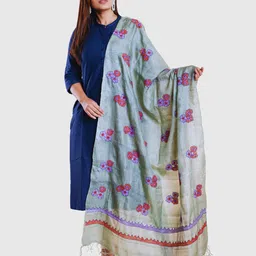 ArtEastri Olive Green & Red Embroidered Pure Silk Dupatta with Kantha Work-21