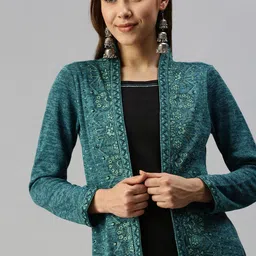 Global Desi Blue & Black Floral A-Line Dress With a Layer-image-62