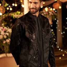 KISAH Printed Sequinned Velvet Kurta With Trouser And Bomber Jacket-image-20