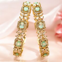 Rubans Set of 2 18K Gold-Plated Mint Green & White Cubic Zirconia Studded Floral Bangles-11