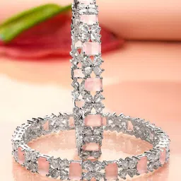 Rubans Set of 2 Rhodium-Plated Pastel Pink & White Cubic Zirconia Studded Floral Bangles-1