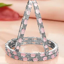 Rubans Set of 4 Rhodium Plated Pastel Pink & White Cubic Zirconia Studded Premium Bangles-image-24