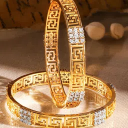 Rubans Set of 2 22K Gold-Plated Greek Key Design & Cubic Zirconia Handcrafted Bangles-7