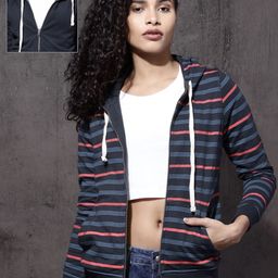 Roadster Women Navy Blue & Rust Brown Striped Reversible Hooded Sweatshirt-image-48