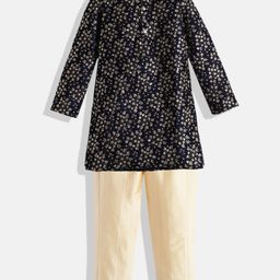 Ethnovog Boys Navy Blue  Beige Made To Measure Sequined Velvet Kurta with Pyjamas-14