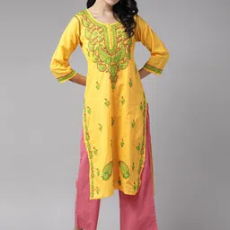 ADA Women Yellow & Green Cotton Sustainable Hand Embroidered Chikankari Handloom Kurta-picture-20