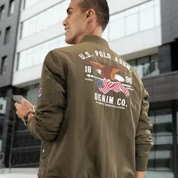 U S Polo Assn Denim Co Men Olive Green Brand Logo Embroidered Heavy Weight Bomber Jacket-image-5