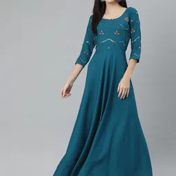 Swishchick Teal Blue Solid Ethnic Maxi Dress with Embroidered Detail-image-7