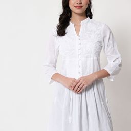 PARAMOUNT CHIKAN White Mandarin Collar Chikankari Embroidered Monochrome Tunic-image-14