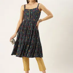 Ethnovog Made To Measure Women Navy Blue Ethnic Embroidered Tiering Anarkali Kurta-image-11