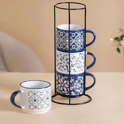 Nestasia Blue & White 4 Pcieces Floral Printed Ceramic Dishwasher Safe Mugs 200 Ml-24