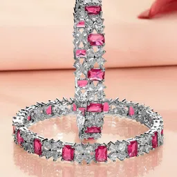 Rubans Set of 2 Rhodium-Plated Ruby Pink & White Cubic Zirconia Studded Bangles-6