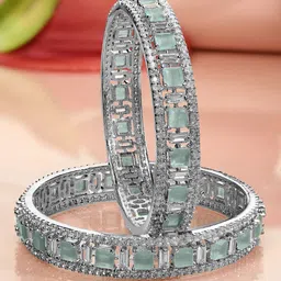 Rubans Set of 2 Silver-Plated Mint Green & White Cubic Zirconia Studded Premium Bangles-image-3