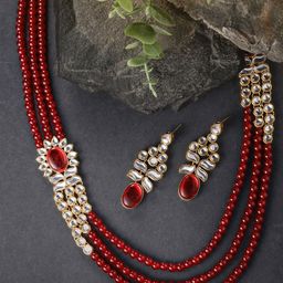 Peora Women Maroon Gold-Plated Kundan Studded Necklace & Earrings-49