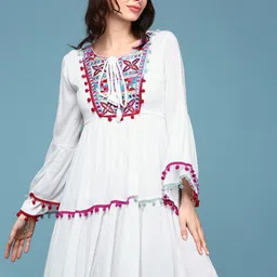 SHOWOFF Embellished Embroidered Gathered & Pom Pom Lace Cotton Fit & Flare Dress-picture-30
